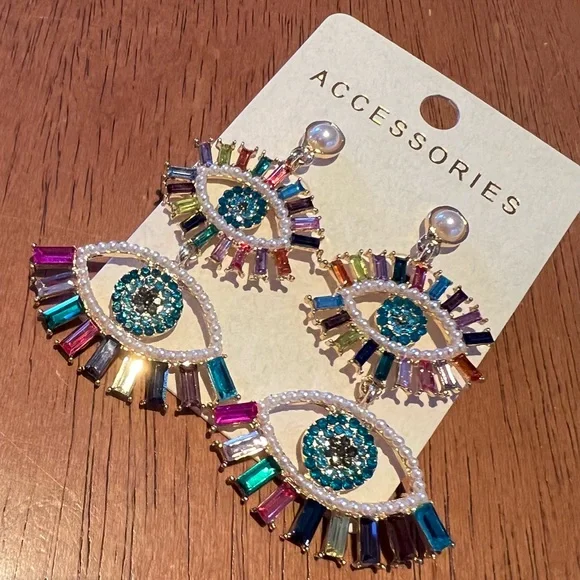 LAST 1! EVIL EYE! Rhinestone and Faux Pearls Large Colorful Dangle Earrings! - Picture 9 of 9
